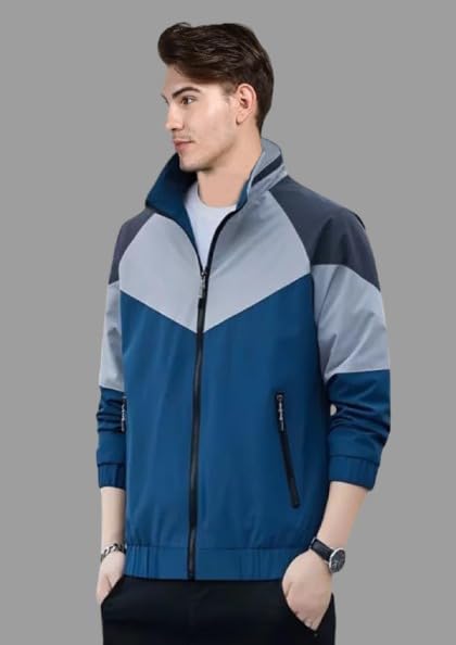 NATRIS Men's Trending Water Resistant Standard Length Jacket For Winter || Lightweight Windcheater Nylon Jacket || Stylish Full Sleeves Stand Collar Jacket for Winter Sports, Tracking|1034-Blue-M|