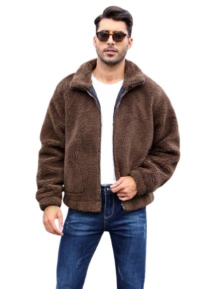 BE SAVAGE Solid Sherpa Oversized Jacket Woolen Long Sleeves Zipper Hoodie for Men's (in, Alpha, M, Regular, Coffee)