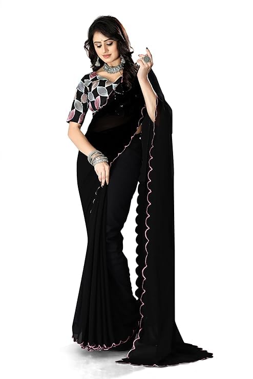 SWADESI STUFF Georgette Embroidered Saree for Women (BLACK)