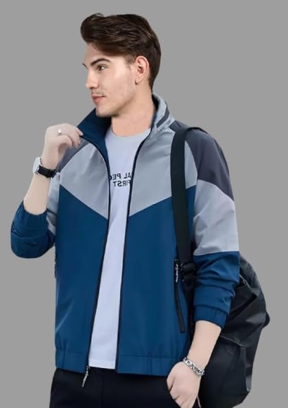 NATRIS Men's Trending Water Resistant Standard Length Jacket For Winter || Lightweight Windcheater Nylon Jacket || Stylish Full Sleeves Stand Collar Jacket for Winter Sports, Tracking|1034-Blue-M|