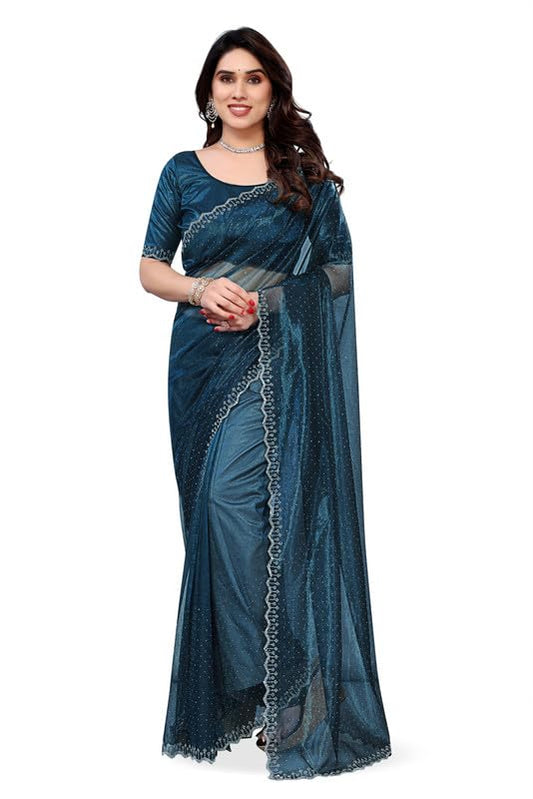 Shree Impex Stylish Women Shimmer Net Hot Fix Diamonds Work Saree with Unstitched Blouse Piece | Net Saree for Women & Girl (Morpich)