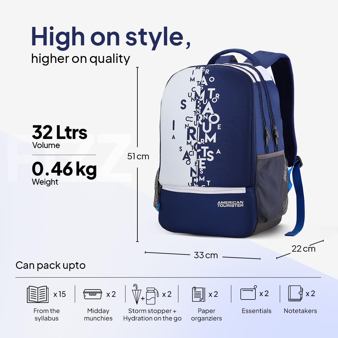 American Tourister Fizz 32L Blue Backpack School bag for travel with Organizer Bottle compartment water resistant backpack for Men, Women, Boys Laptop Backpack for College Gift for Men & Women