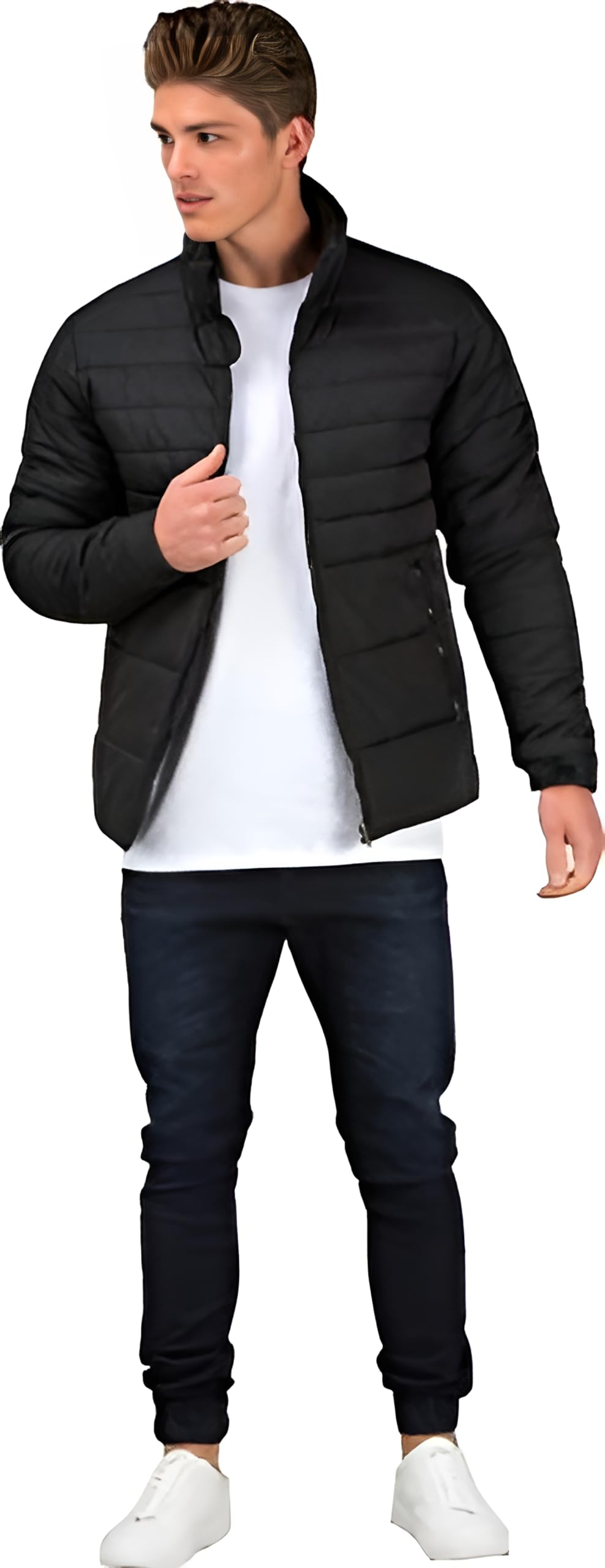 Ben Martin Men's Regular Fit Full Sleeve Stand Collar Black Nylon Quilted Bomber Jacket Size Medium