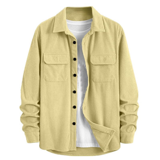 MiraMichi Men's Full Sleeve Corduroy Striped Casual Jacket, Ideal for Stylish Everyday Outfits (Yellow, 2XL)