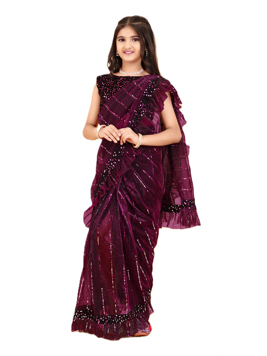 SHRITHI FASHION FAB Kids Ethnic Traditional Saree for Girls Festive and Cultural Wear with Unstitched Blouse Piece (Tikli-Kids-purple 9-10 Years)