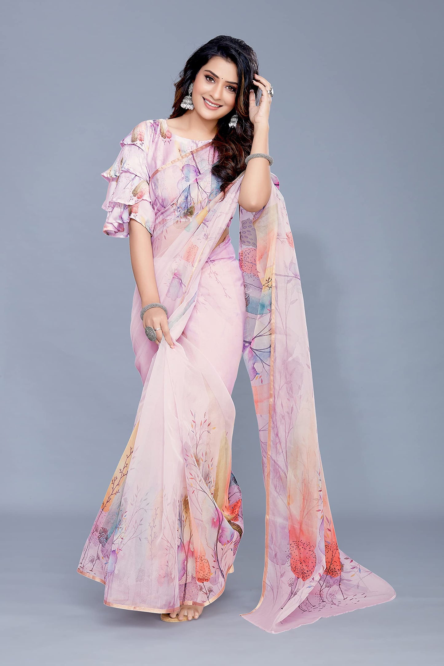 MIRCHI FASHION Women's Organza Quirky Printed Saree with Blouse Piece (29482-Light Pink, Multi)