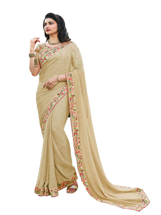 RAJESHWAR FASHION WITH RF Women's Moss Silk Saree For Women Digital Print Lace Border Saree For Girls Blouse Piece(Cream_Free Size 6.30 Mtr)