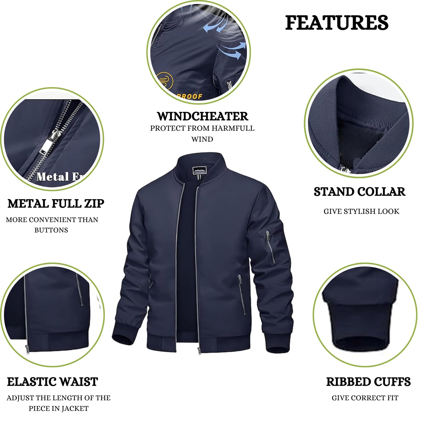 MIA FASHION Mens Jackets for Winter, Lightweight Bomber Jacket, Full Sleeve, Regular Fit, Stylish Stand Collar, Zipper Closure (Navy Blue - L)