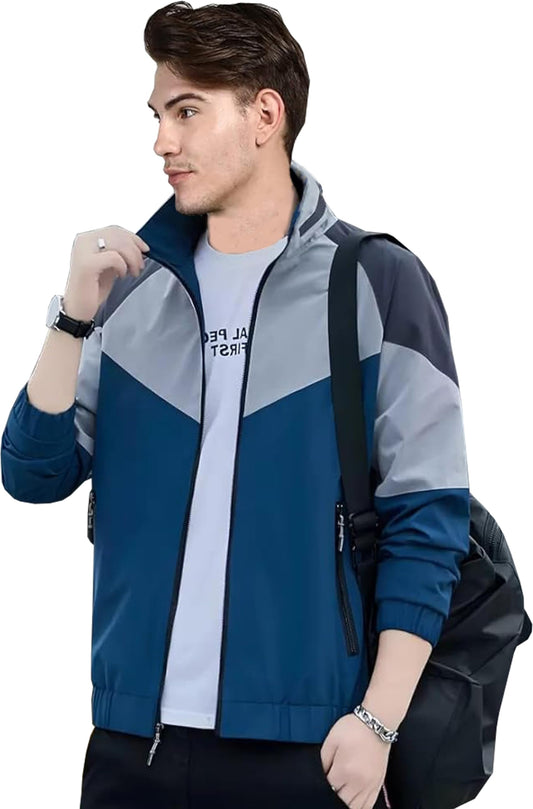 NATRIS Men's Trending Water Resistant Standard Length Jacket For Winter || Lightweight Windcheater Nylon Jacket || Stylish Full Sleeves Stand Collar Jacket for Winter Sports, Tracking|1034-Blue-M|