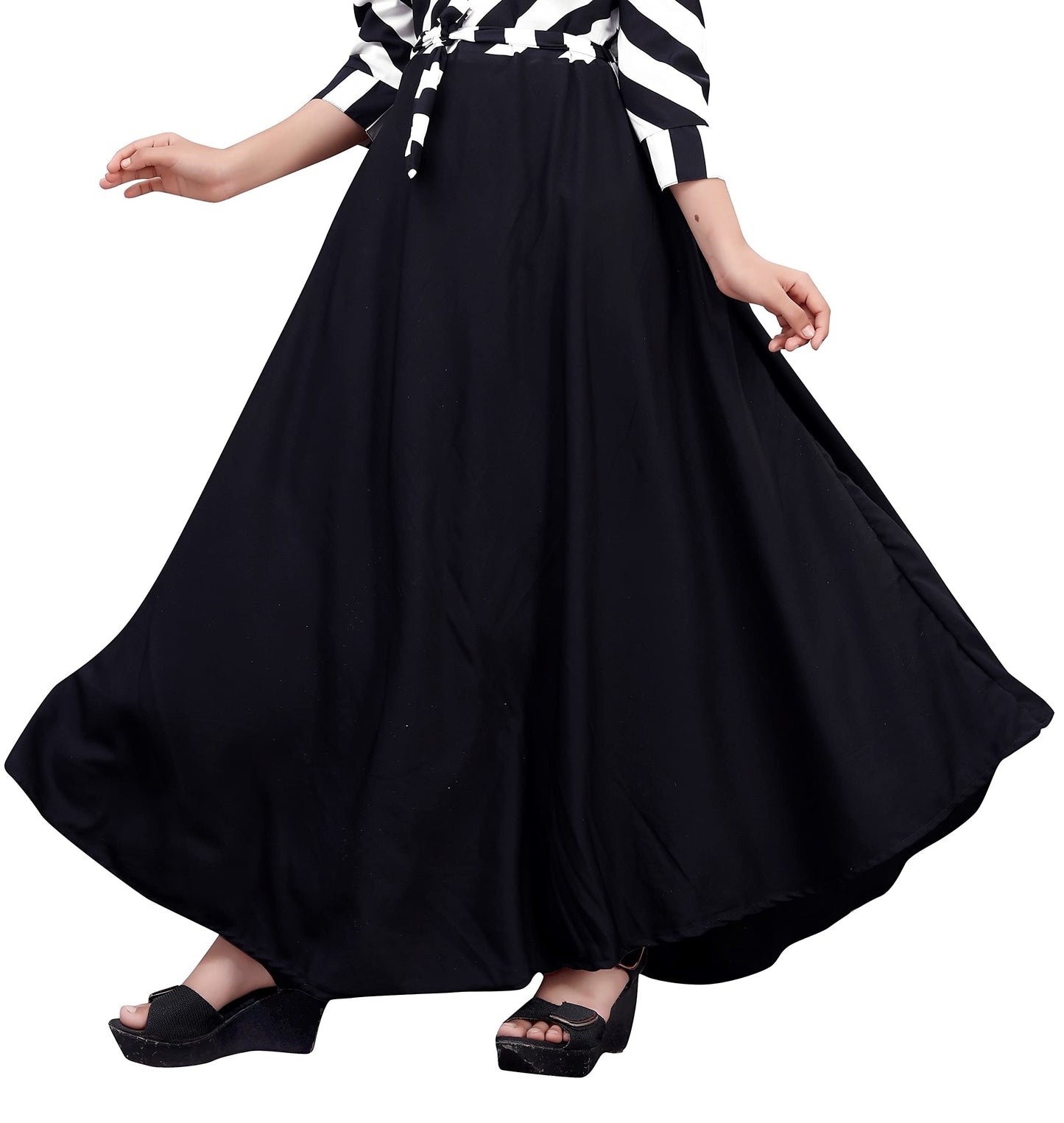 Aarya DESIGNER Girls Crepe Fabric Stripe Printed Western Maxi Dress Black, 13 Year - 14 Years