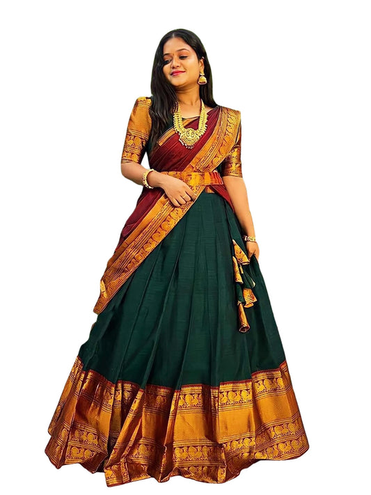 South indian Traditional Un-Stitched silk Half Sareee (Bottle Green)