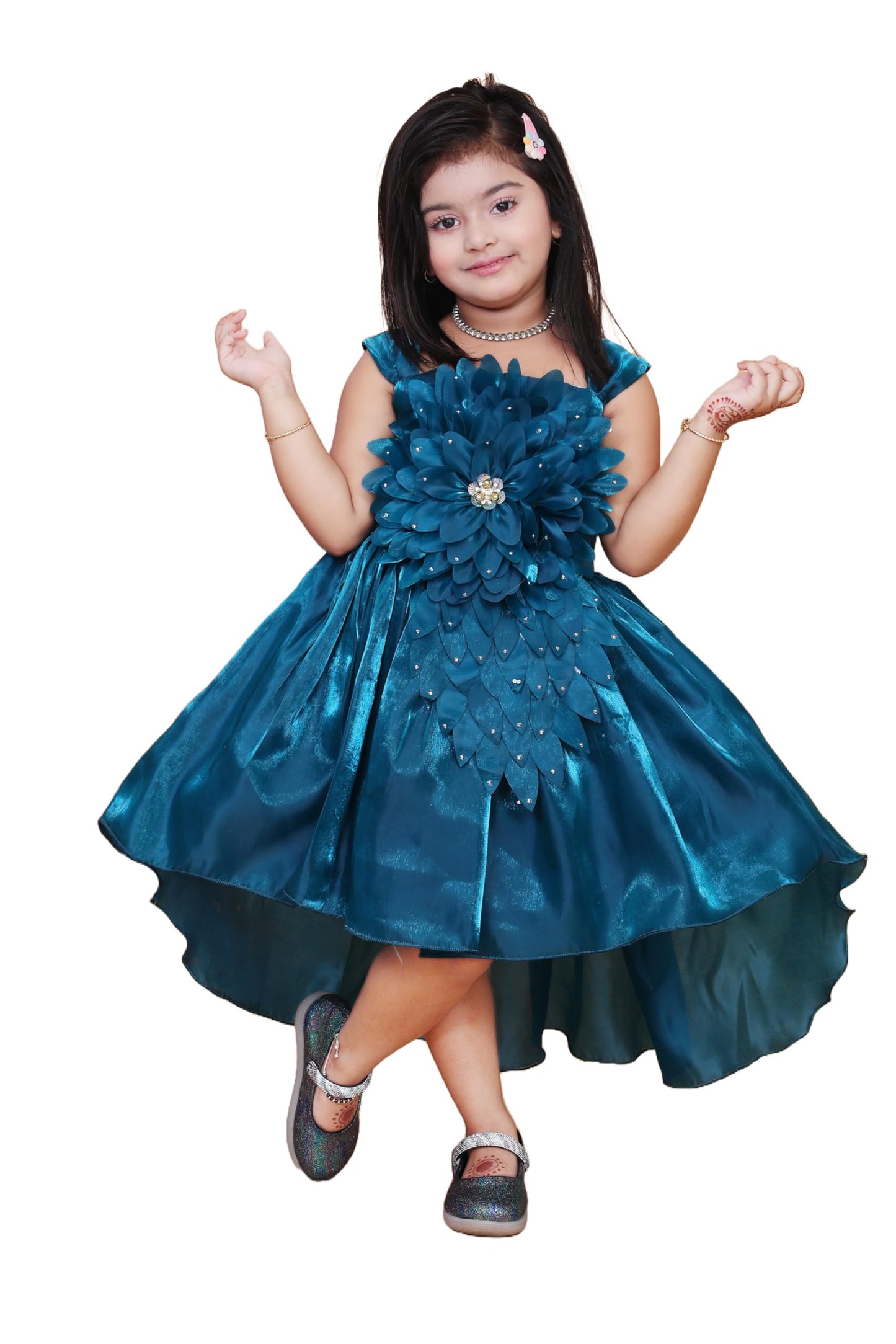 PN Fashion Girls' Teal Floral Embellished Party Dress with Sequins, Knee Length (in, Age, 5 Years, 6 Years, Regular, More Peach)