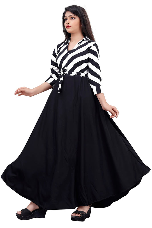 Aarya DESIGNER Girls Crepe Fabric Stripe Printed Western Maxi Dress Black, 13 Year - 14 Years