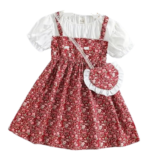 Niren Enterprise Adorable Floral Girl’s Dress with Heart-Shaped Purse – Perfect for Any Occasion, Pack of 1 (Maroon CRISPILLO, 3-4Y)