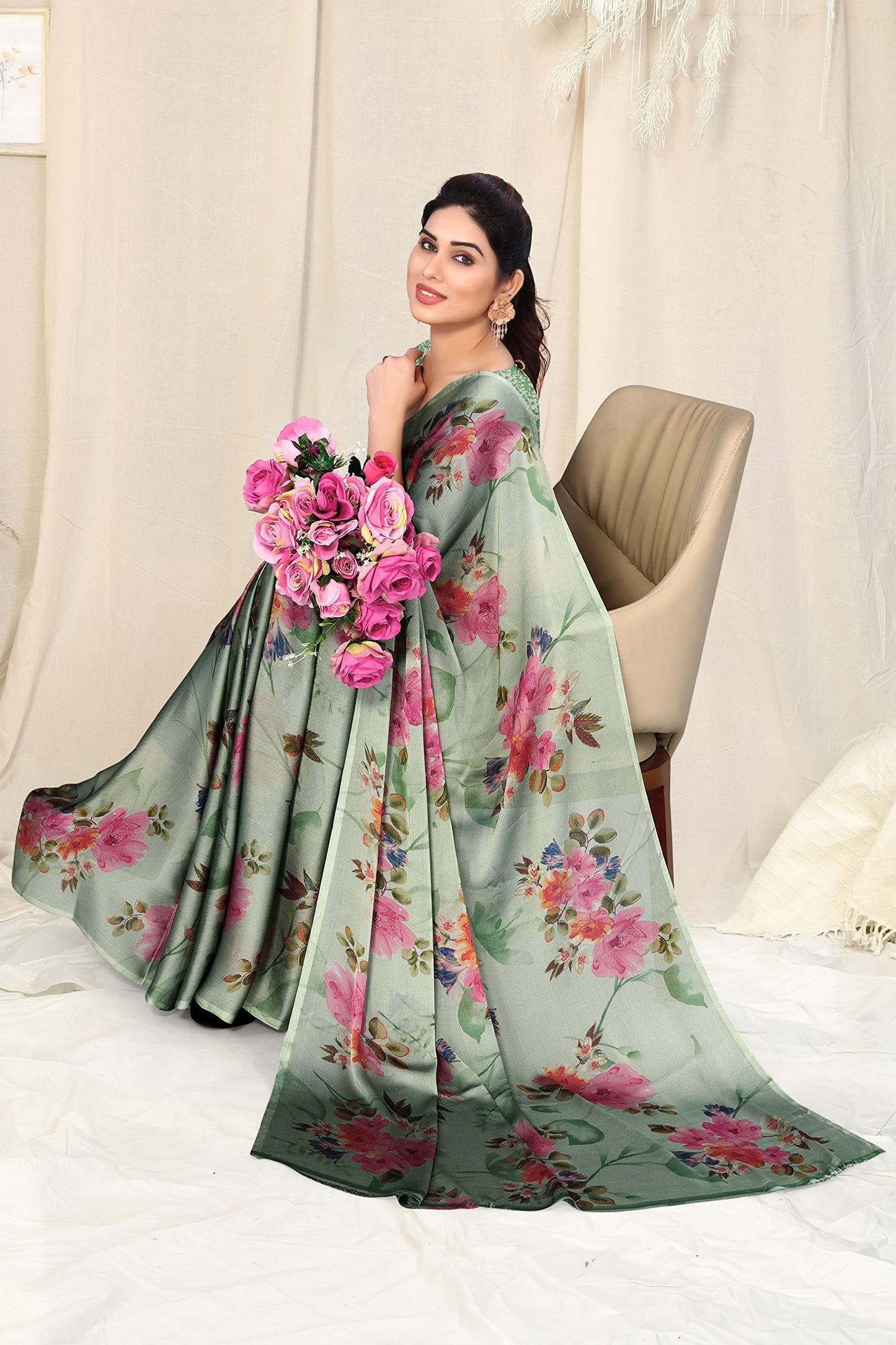 MIRCHI FASHION Women's Plain Weave Chiffon Georgette Floral Printed Saree with Blouse Piece (38235-Dusty Green, Pink)