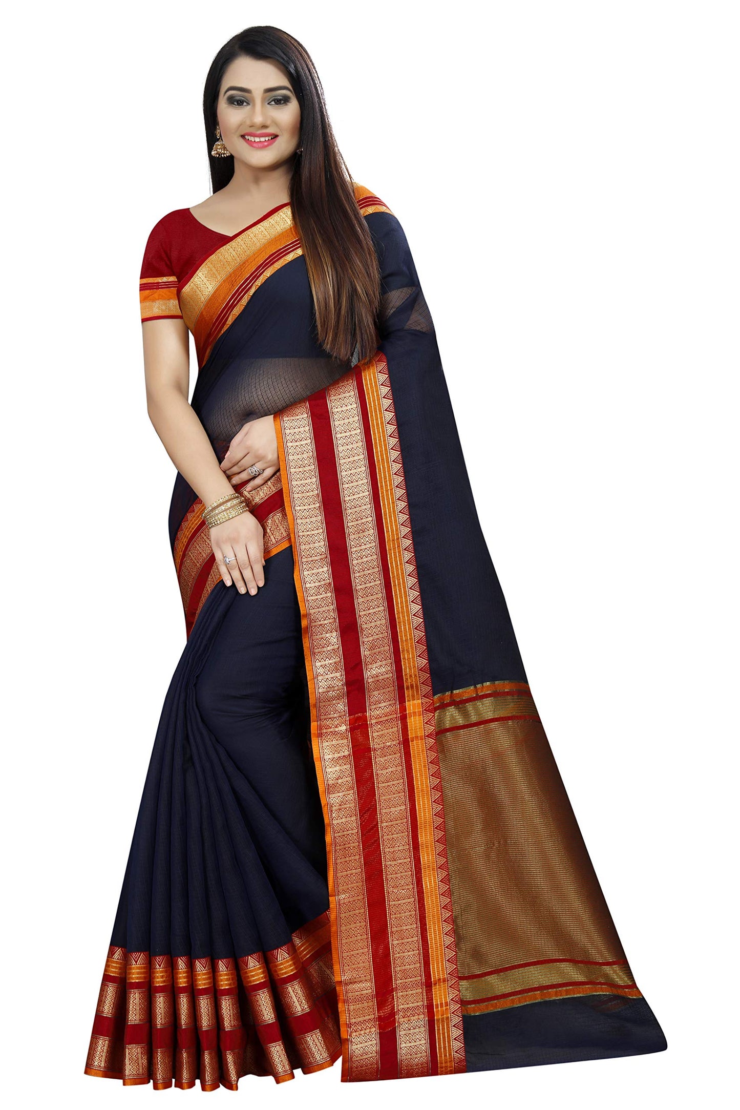 SWORNOF Women's & Girl's Kota Doria Cotton Saree With Blouse (SWO8888_Navy Blue)