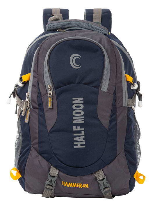 Half Moon 45L Hammer Waterproof Rucksack Bags for Men/Trekking Bags for Men | With 17.3" Laptop Compartment & Rain cover | For Trekking, Hiking, Travel Backpack for Men & Women (Navy Blue)