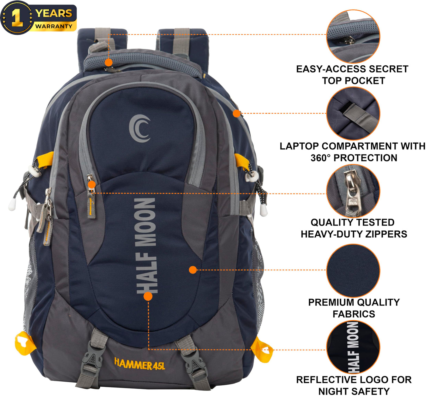 Half Moon 45L Hammer Waterproof Rucksack Bags for Men/Trekking Bags for Men | With 17.3" Laptop Compartment & Rain cover | For Trekking, Hiking, Travel Backpack for Men & Women (Navy Blue)