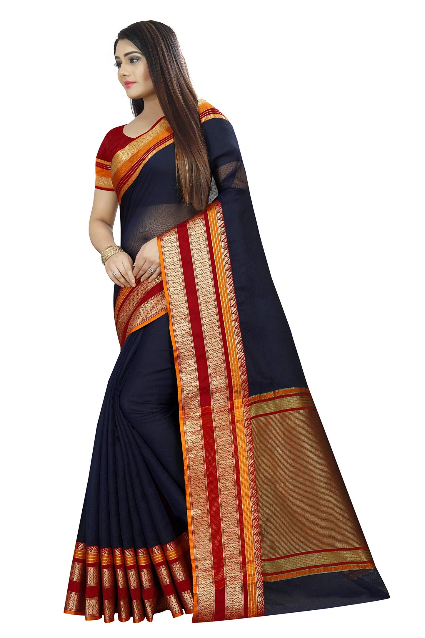 SWORNOF Women's & Girl's Kota Doria Cotton Saree With Blouse (SWO8888_Navy Blue)