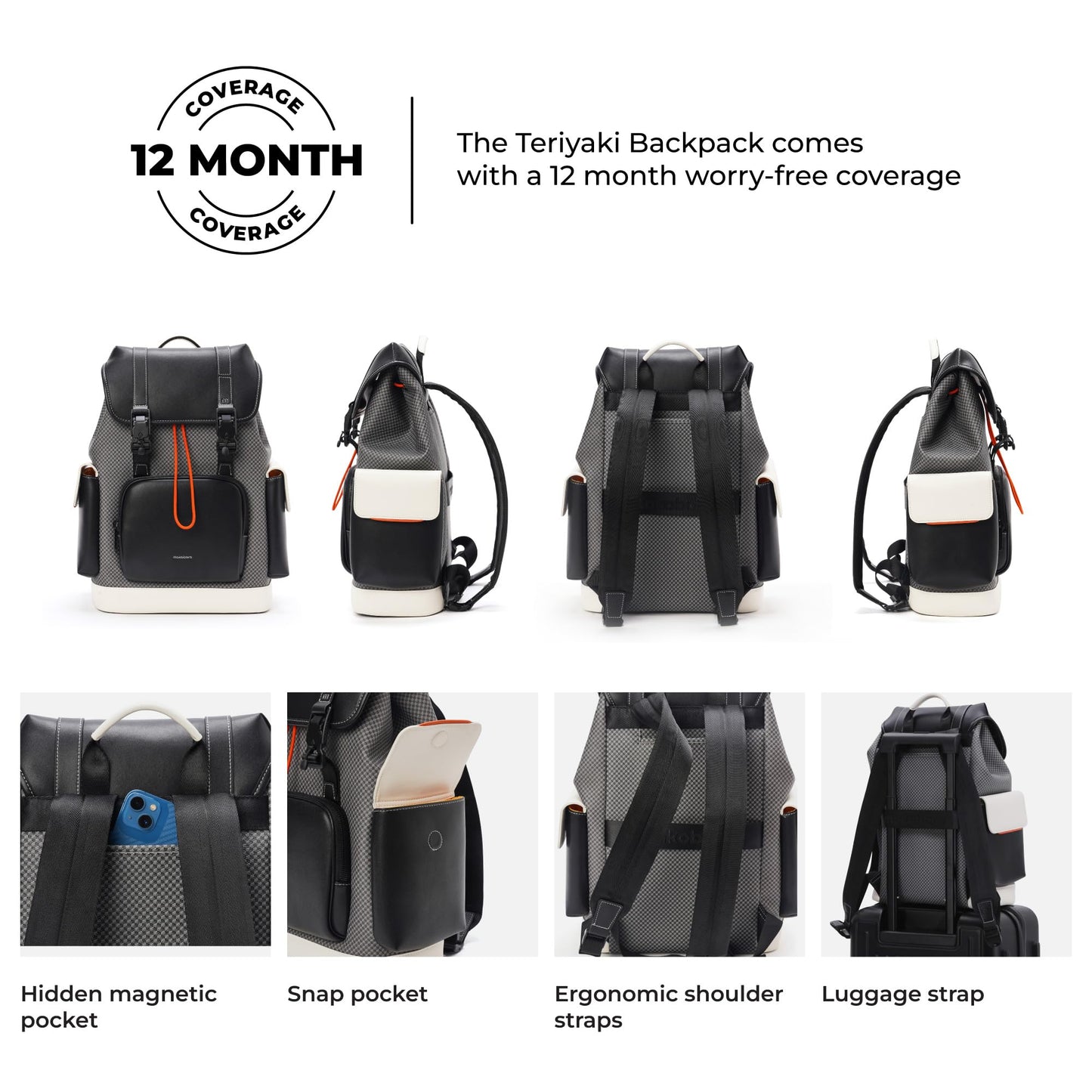 Teriyaki Backpack | 15.6 Inch Laptop Compartment, 19.5L Capacity | Signature Coated Canvas & Vegan Leather Trims, Water-Resistant, Lightweight | Padded Back Panel (Black Sesame)