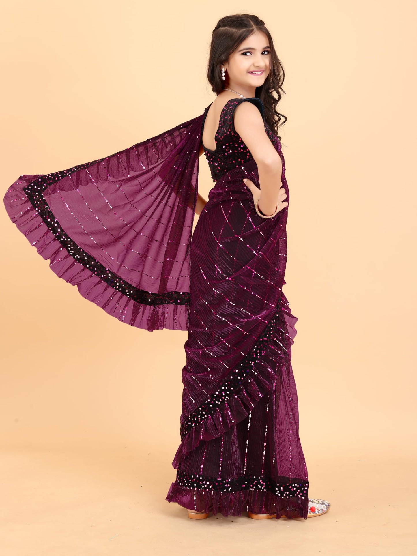 SHRITHI FASHION FAB Kids Ethnic Traditional Saree for Girls Festive and Cultural Wear with Unstitched Blouse Piece (Tikli-Kids-purple 9-10 Years)