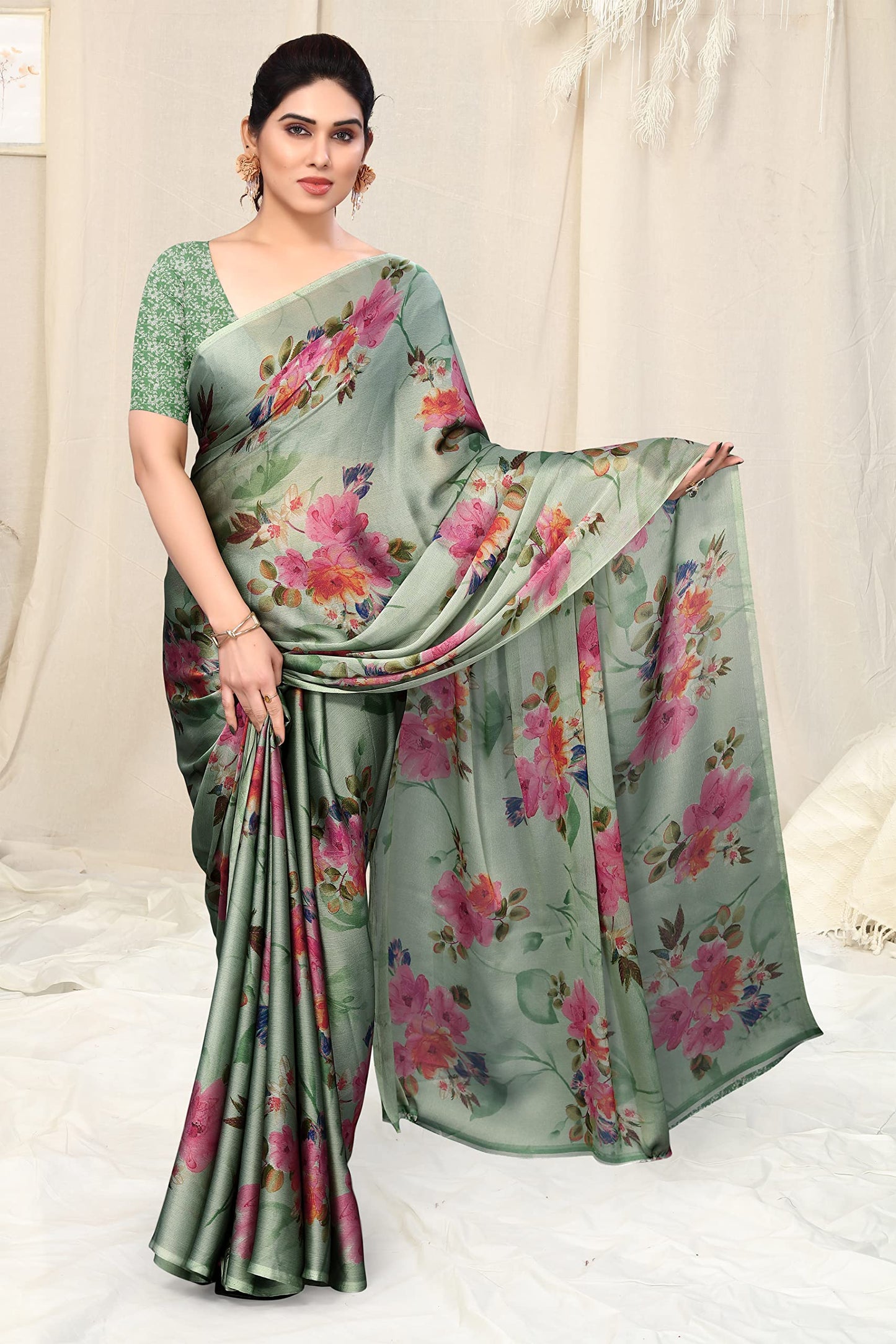 MIRCHI FASHION Women's Plain Weave Chiffon Georgette Floral Printed Saree with Blouse Piece (38235-Dusty Green, Pink)