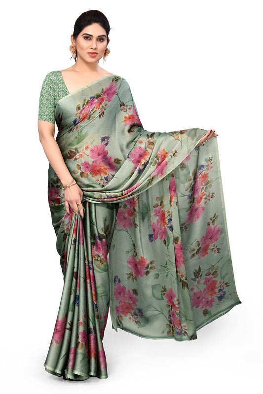 MIRCHI FASHION Women's Plain Weave Chiffon Georgette Floral Printed Saree with Blouse Piece (38235-Dusty Green, Pink)