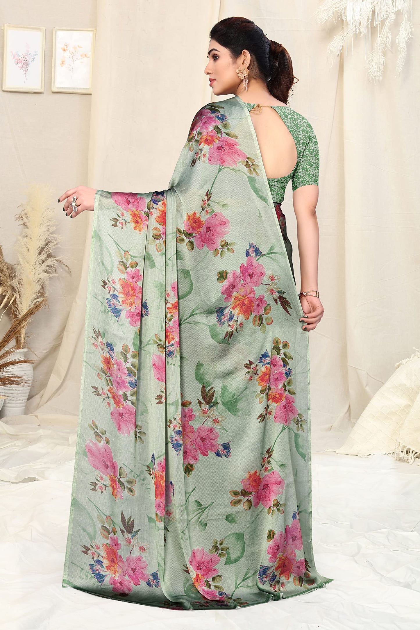 MIRCHI FASHION Women's Plain Weave Chiffon Georgette Floral Printed Saree with Blouse Piece (38235-Dusty Green, Pink)