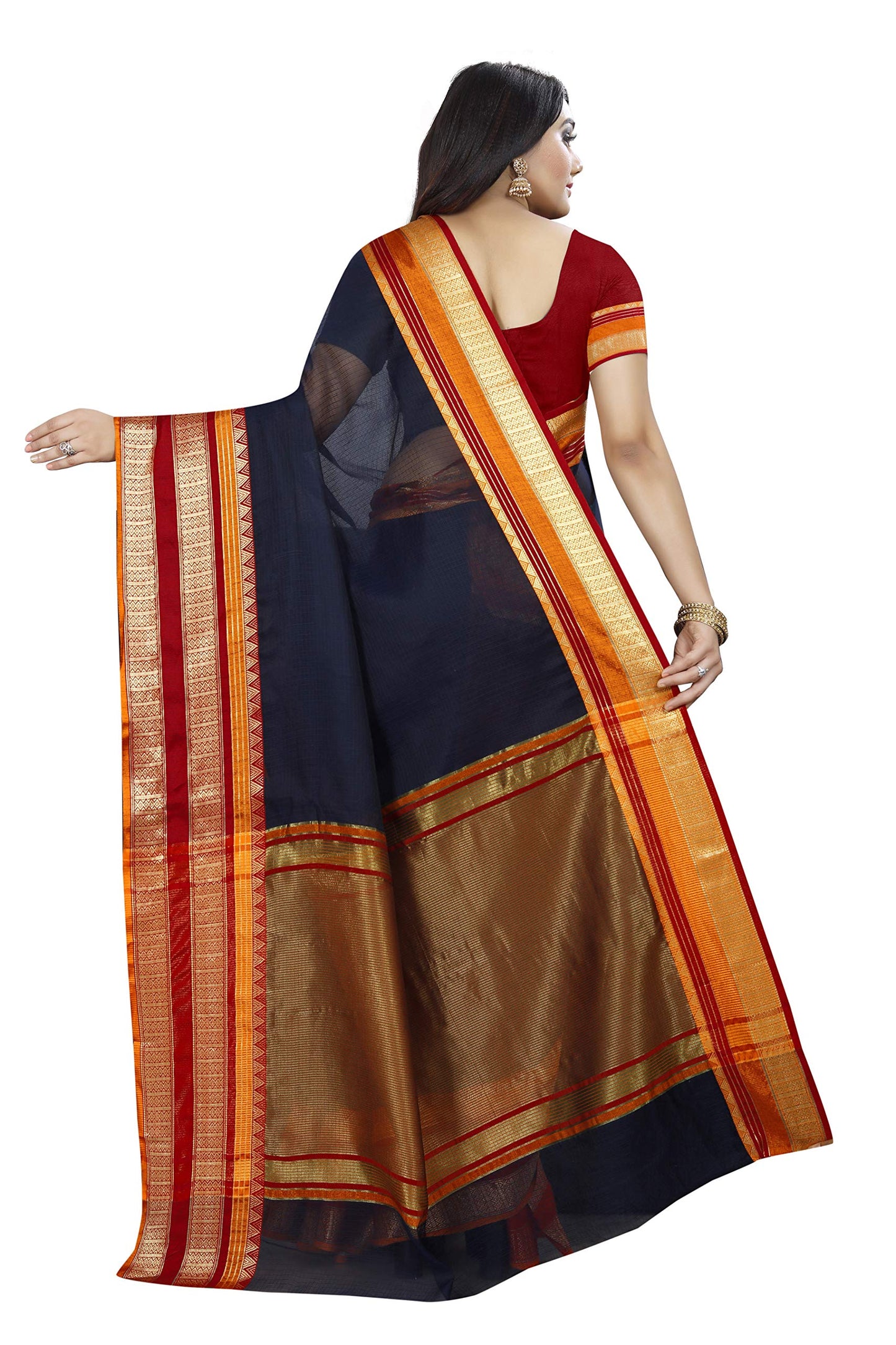 SWORNOF Women's & Girl's Kota Doria Cotton Saree With Blouse (SWO8888_Navy Blue)