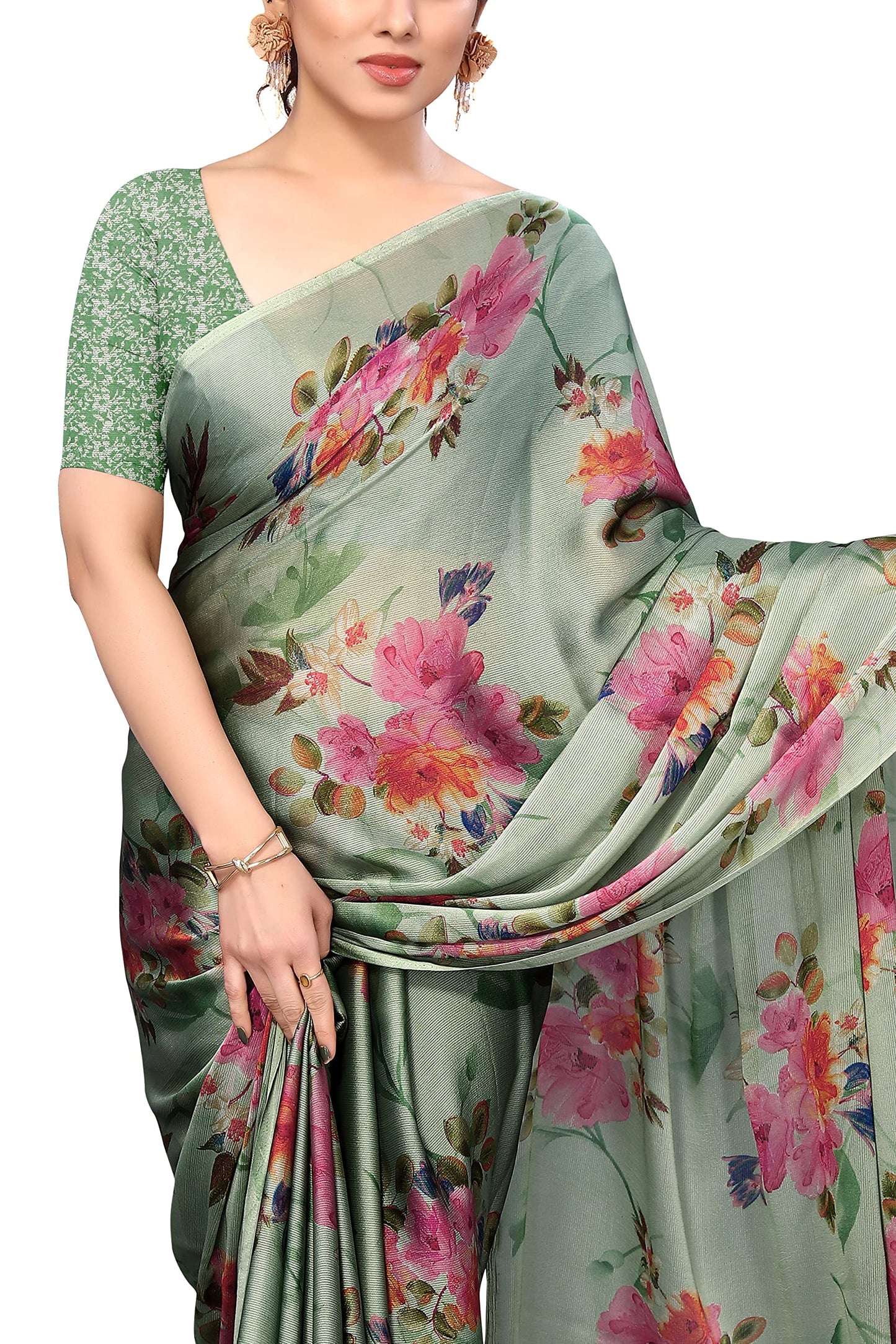 MIRCHI FASHION Women's Plain Weave Chiffon Georgette Floral Printed Saree with Blouse Piece (38235-Dusty Green, Pink)