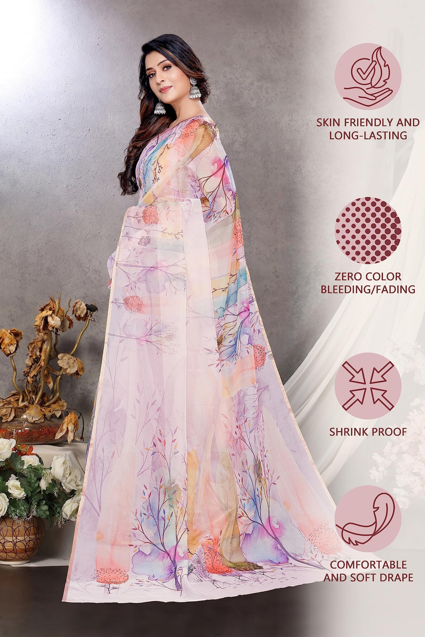 MIRCHI FASHION Women's Organza Quirky Printed Saree with Blouse Piece (29482-Light Pink, Multi)